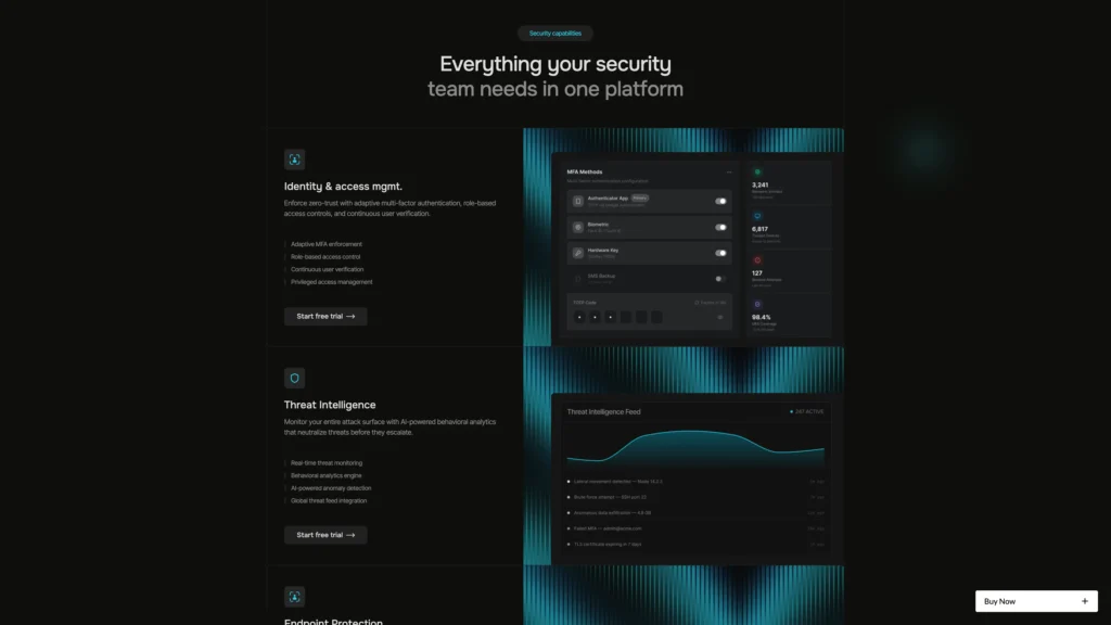 Hero section stating 'Everything your security team needs in one platform' with a blue-striped dashboard image on the right side of a dark layout.