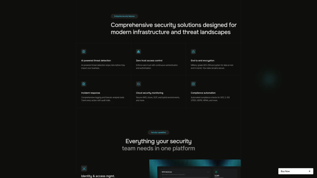 Hero banner text: Comprehensive security solutions designed for modern infrastructure and threat landscapes on a dark background.
