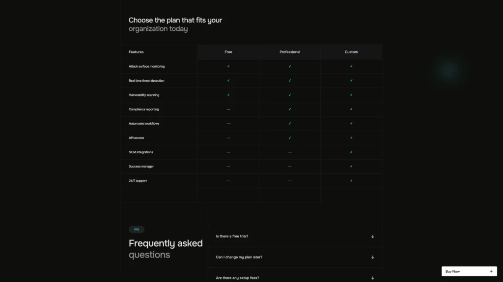 Pricing comparison table with Free, Professional, and Custom plans and checkmarks for included features in a dark site.