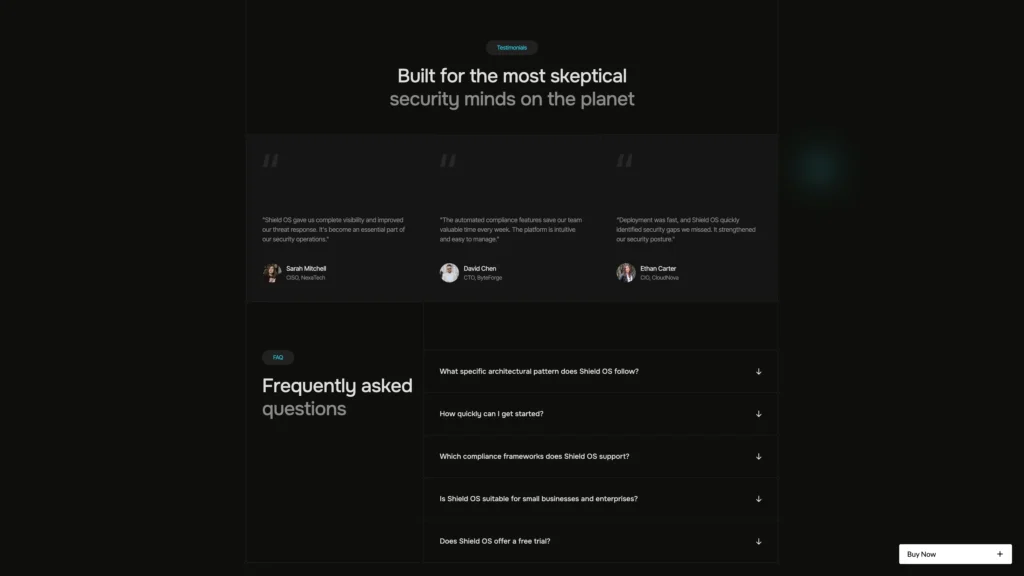Dark themed webpage showing testimonials: a small teal 'Testimonials' badge and a large white headline about security minds on the planet amid grid cards with quotes and user names.