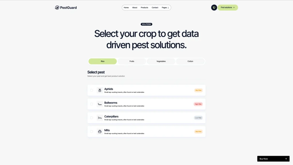 Solution Finder Page - TNCFlow PestGuard homepage hero with headline: 'Select your crop to get data driven pest solutions' and crop category pills (Rice highlighted).