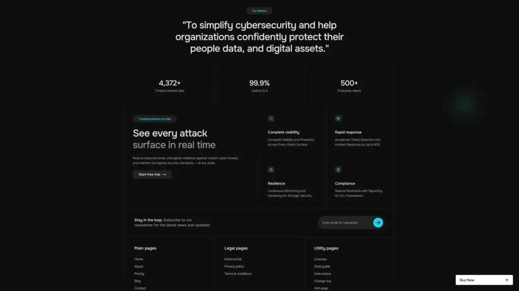Dark website hero with a large centered quote about simplifying cybersecurity; three metric tiles show 4,372+ threats blocked daily, 99.9% uptime, and 500+ enterprise clients.