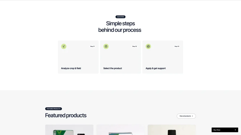 Three-Step Process Section - TNCFlow Three pale cards labeled Step 01–Step 03 under a banner reading 'Simple steps behind our process'; Step 01 shows 'Analyze crop & field', Step 02 'Select the product', Step 03 'Apply & get support' with lime-green icons.