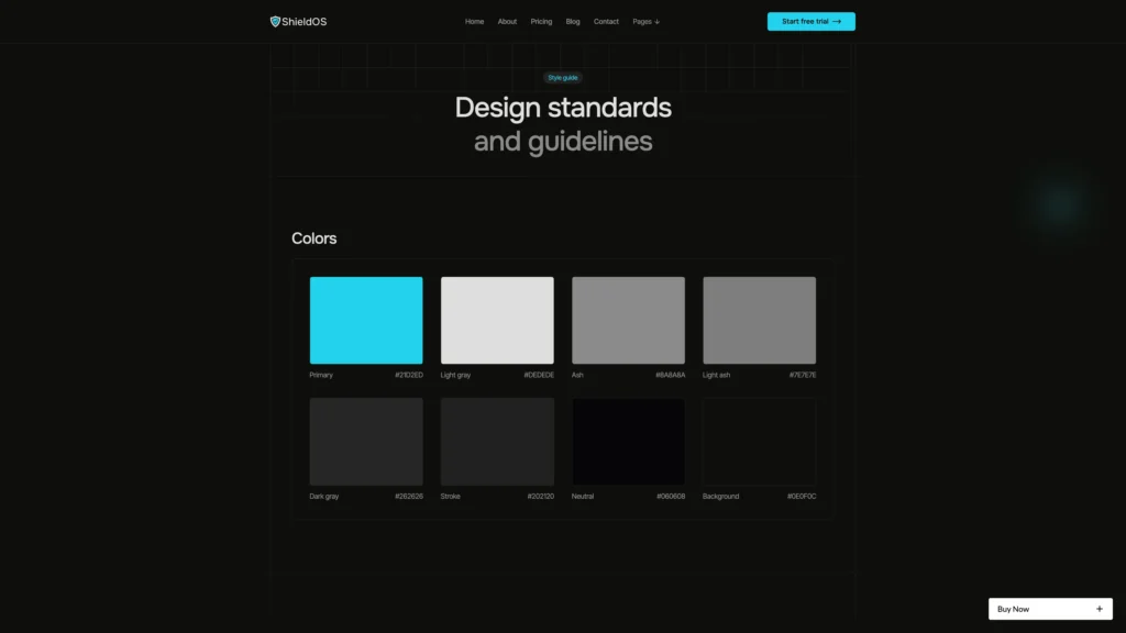 Design standards page showing color palette swatches with hex codes under a dark theme site header
