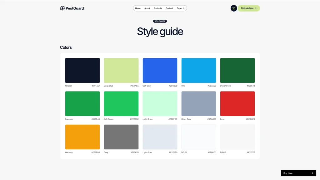 Utility Pages Included - TNCFlow PestGuard style guide: color palette swatches with names and hex codes in a grid (Colors section).