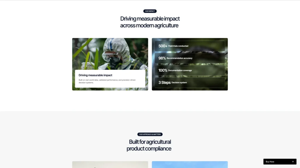Verified Field Performance Data Section - TNCFlow Overview hero: 'Driving measurable impact across modern agriculture' with two panels—left: person in protective gear in crops; right: blurred stats tiles showing 500+, 98%, 100%, 3 Steps.