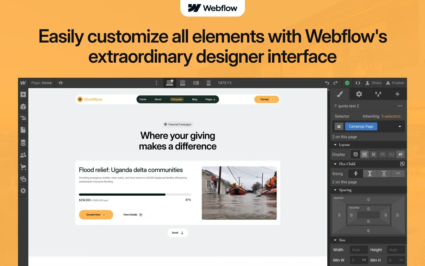 Webflow design interface showing a fundraising page with a hero heading 'Where your giving makes a difference' and a side panel of tools on the right.
