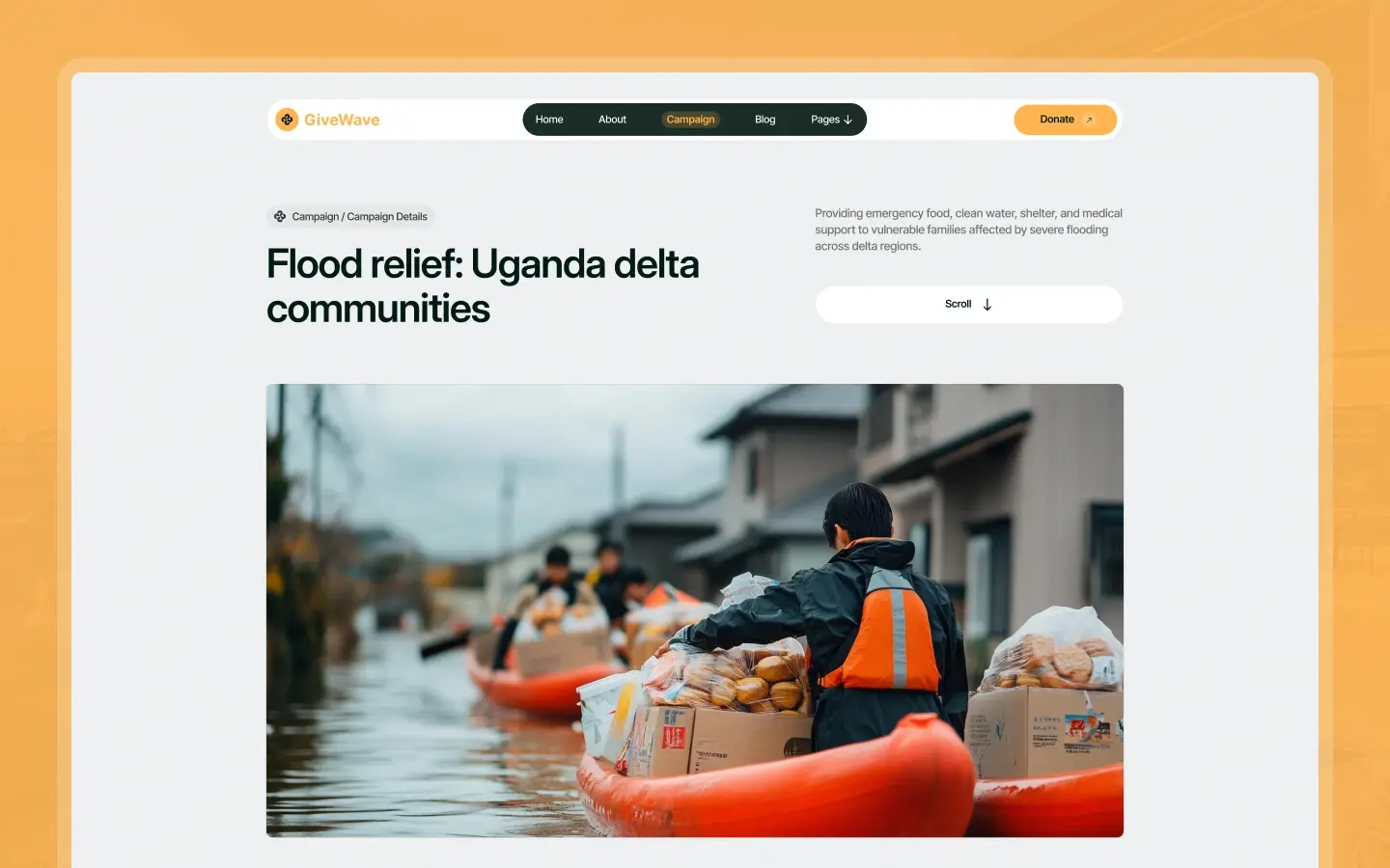 Volunteer in an orange life jacket aboard an inflatable boat delivering relief supplies amid a flooded delta community.