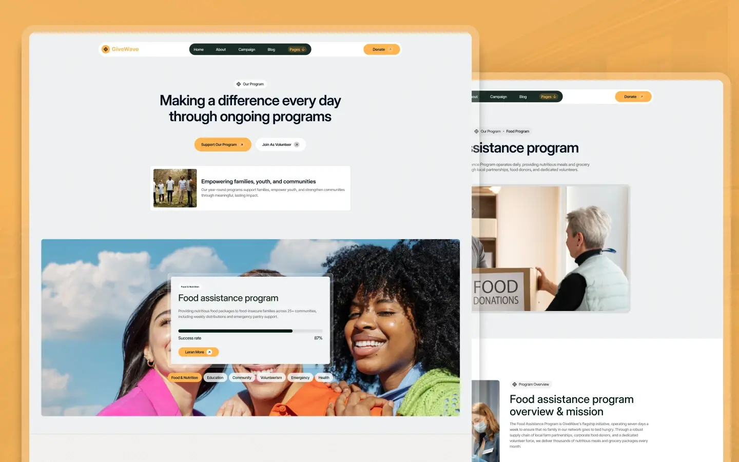 Overlapping website mockups for a charity site, showing a hero headline about making a difference and a food assistance program image.