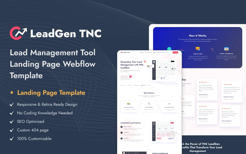 leadgen_tnc_preview_image_1 - TNCFlow Hero banner for LeadGen TNC: Lead Management Tool landing page Webflow template with dark blue background and feature list on the left, and two site mockups on the right.