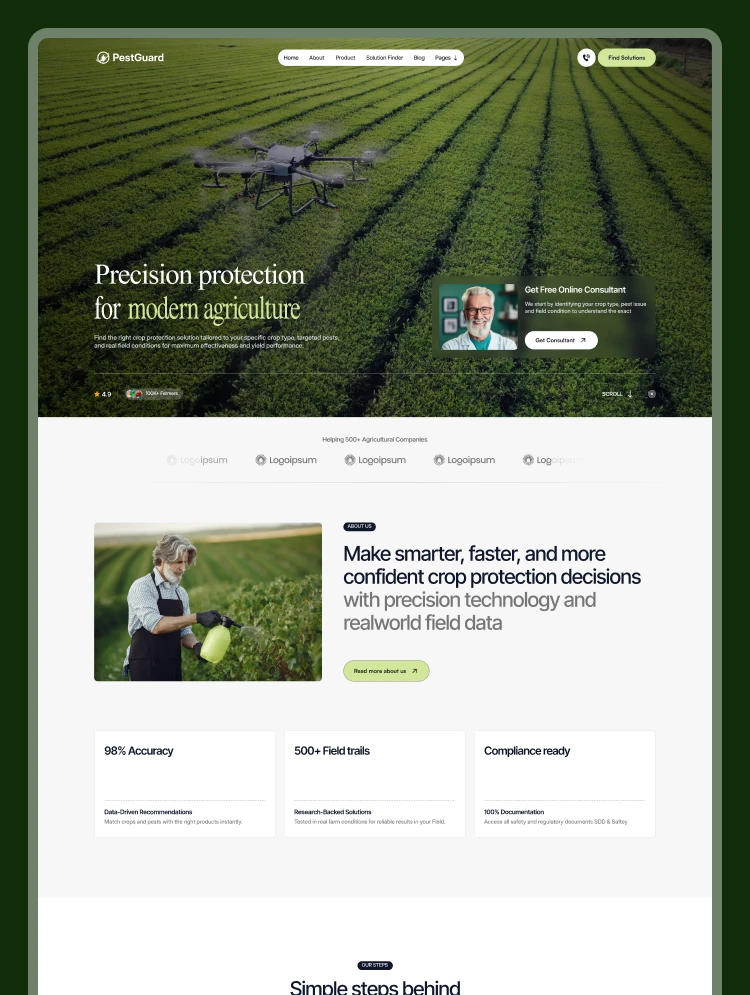 Drone flying over a green crop field on a PestGuard website hero, with a right-side consultancy promo panel.