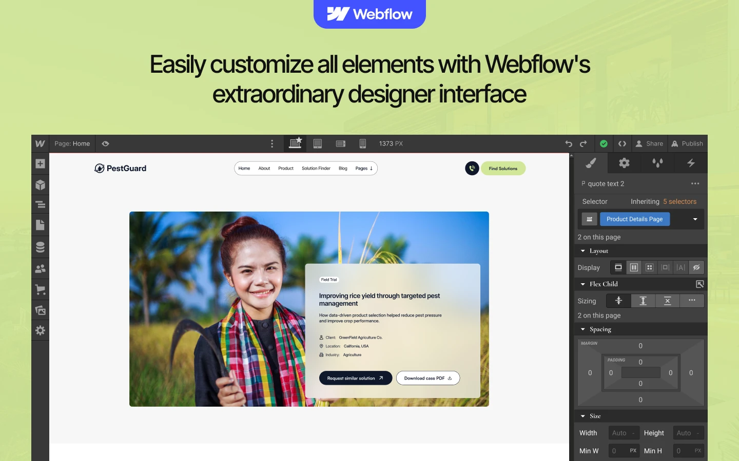 Webflow designer UI mockup showing a PestGuard project with a smiling woman in a field on a large hero image