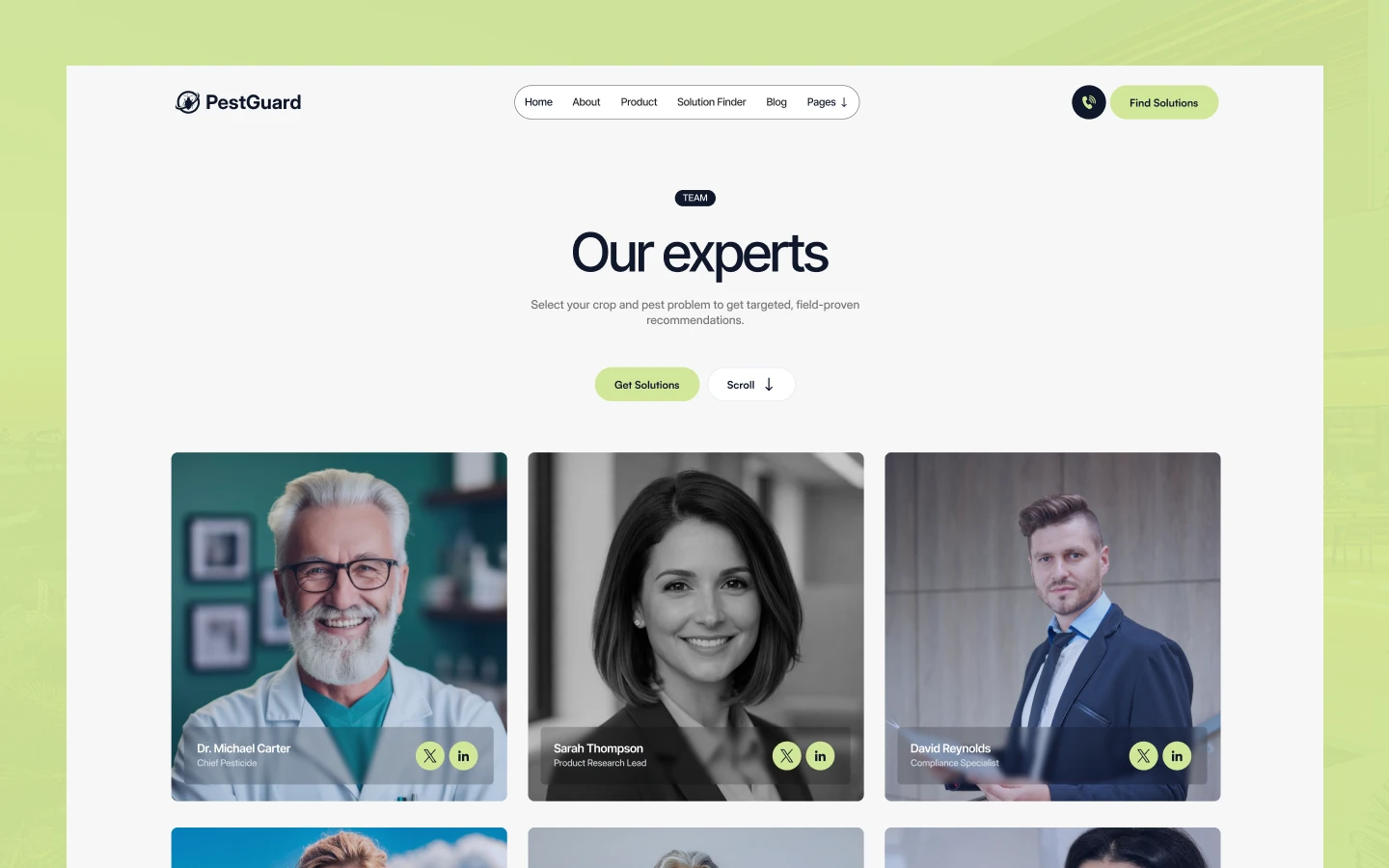 PestGuard homepage hero with the title 'Our experts' and three professional profile cards beneath a light background.