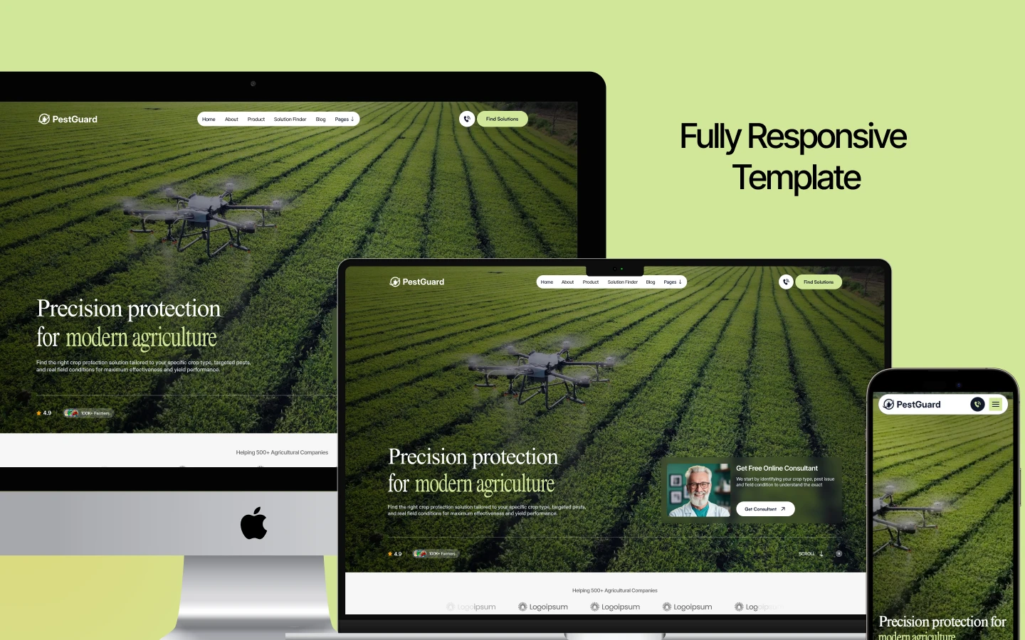 Hero shot of a drone over a green agricultural field showcasing a PestGuard website template on desktop and devices, highlighting responsive design.