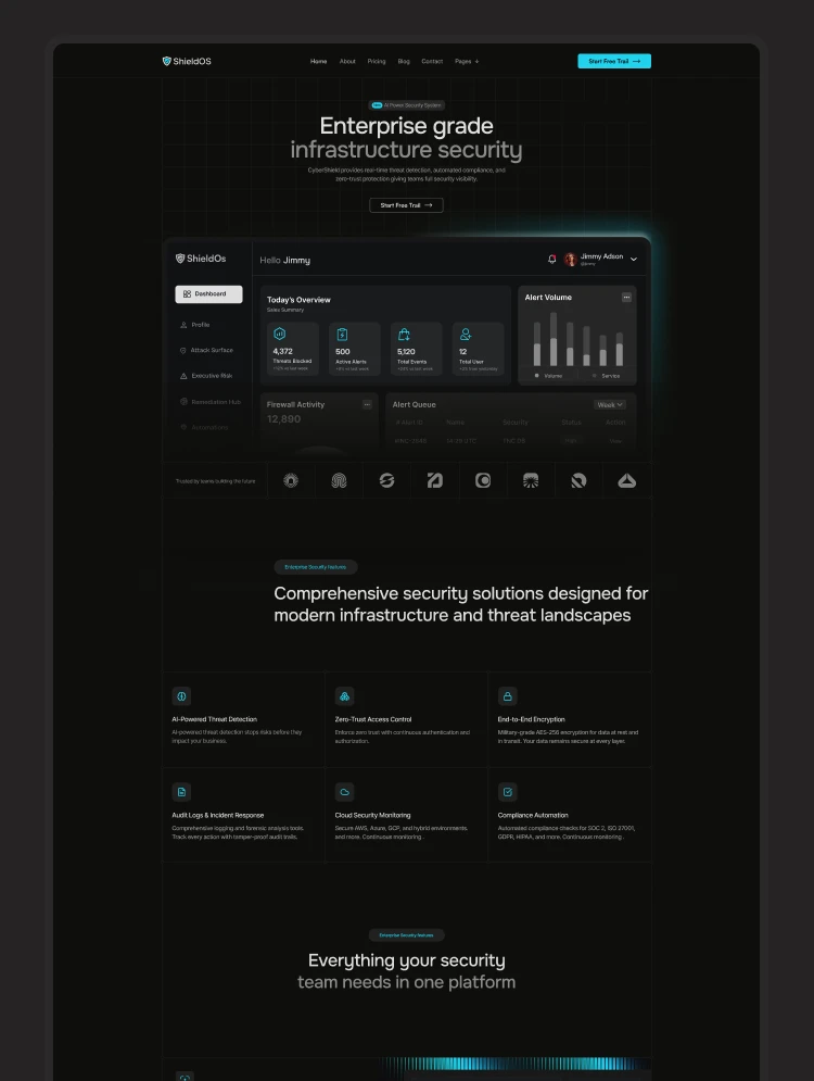 Dark product landing page showing a security dashboard with a headline 'Enterprise grade infrastructure security' and navigation bar at top (ShieldOS).