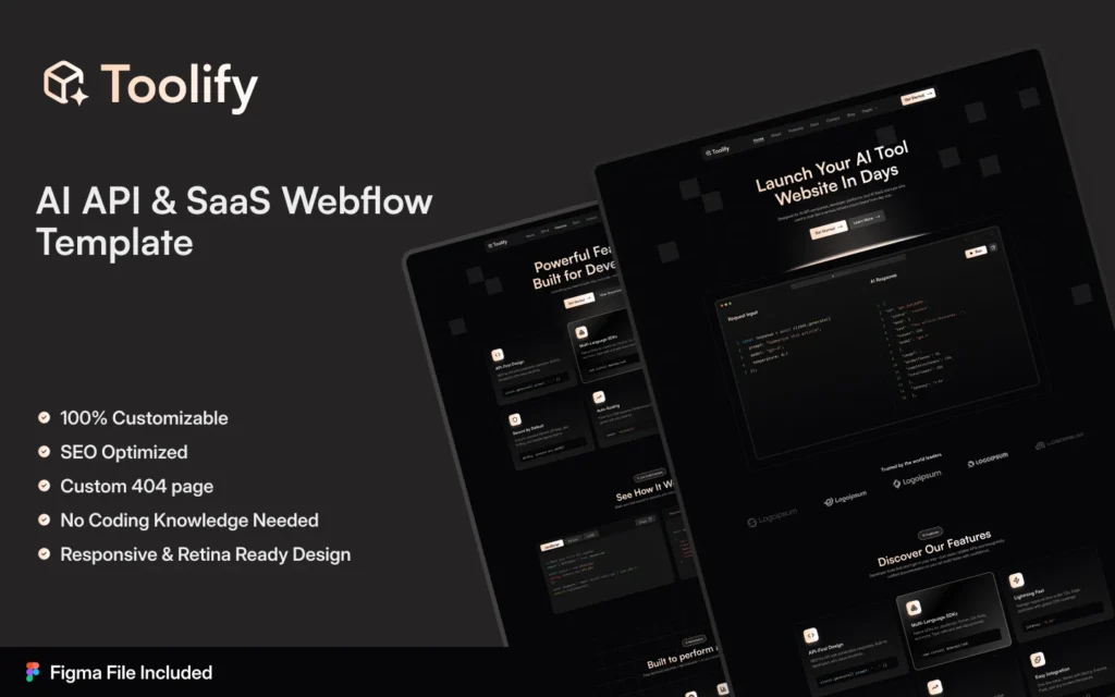 toolify_preview_image_1 - TNCFlow Toolify AI API & SaaS Webflow Template landing hero with dark background and tilted device screens showcasing features and bullets like 100% customizable and SEO optimized