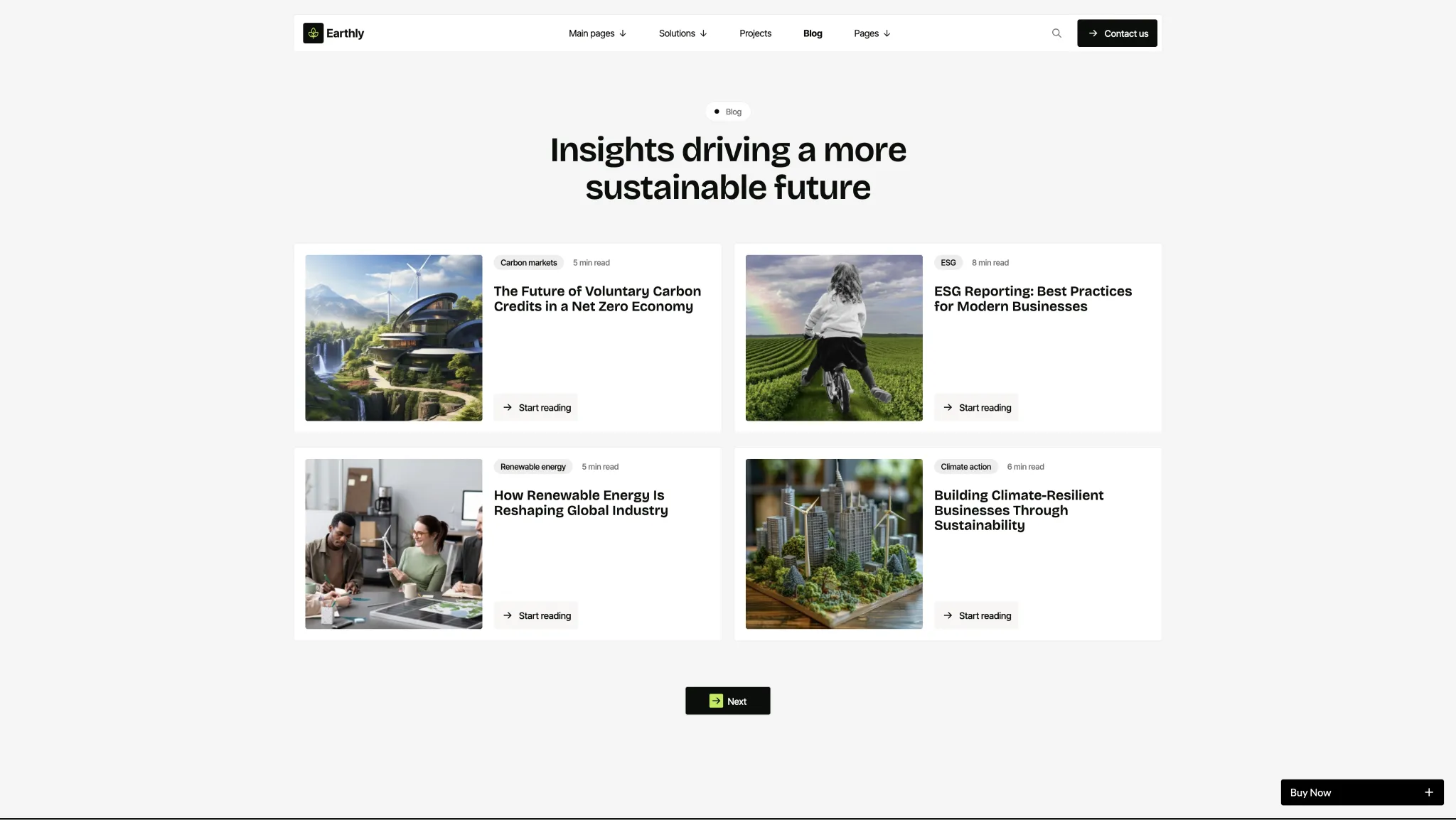 CMS Powered Blog With Category System - TNCFlow Grid of sustainability blog cards showing article previews and titles on a light background (e.g., The Future of Voluntary Carbon Credits in a Net Zero Economy)