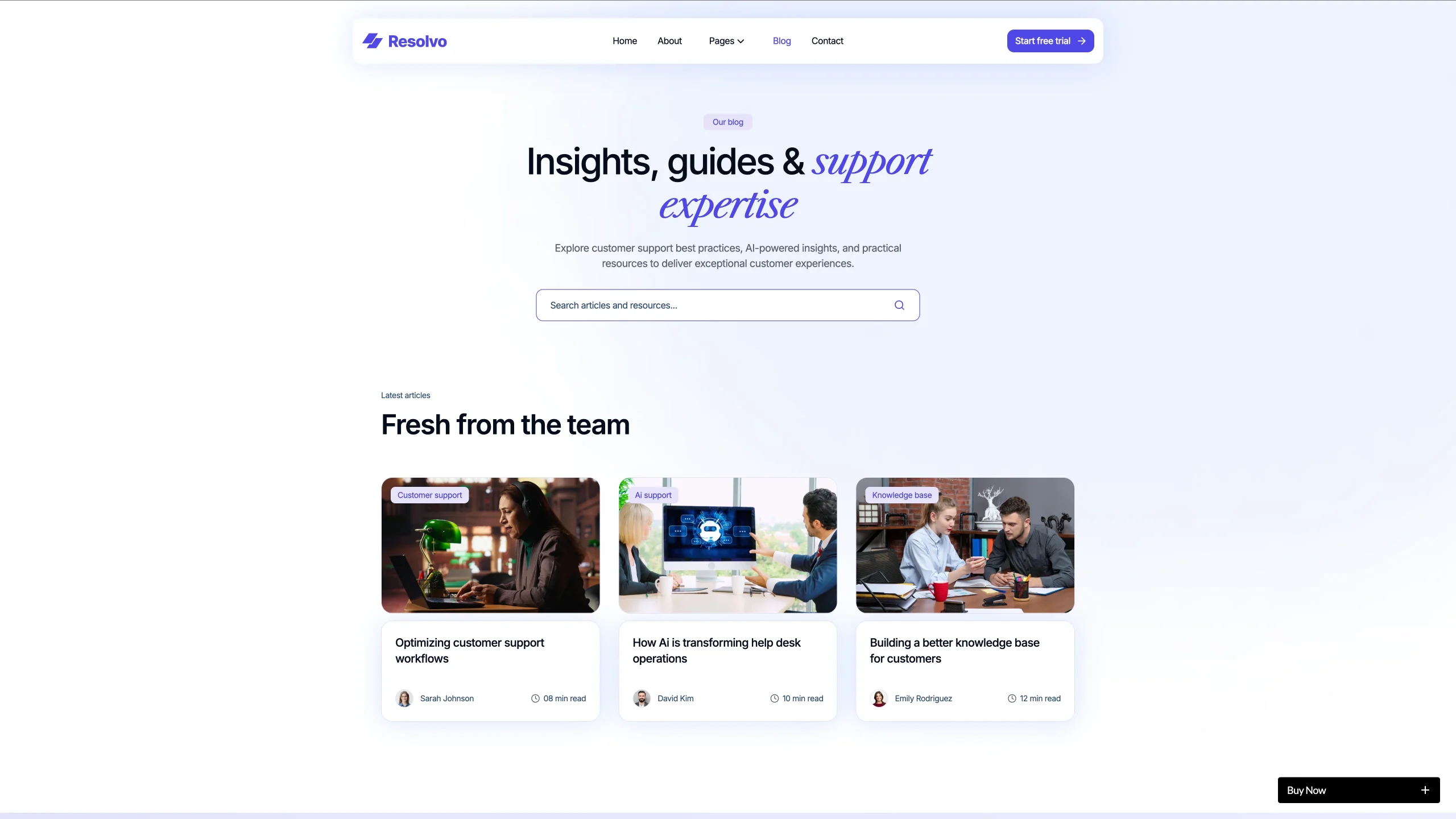CMS Powered Knowledge Base Preview - TNCFlow Resolvo website hero: navigation bar at top, large heading 'Insights, guides & support expertise' with a search field below.