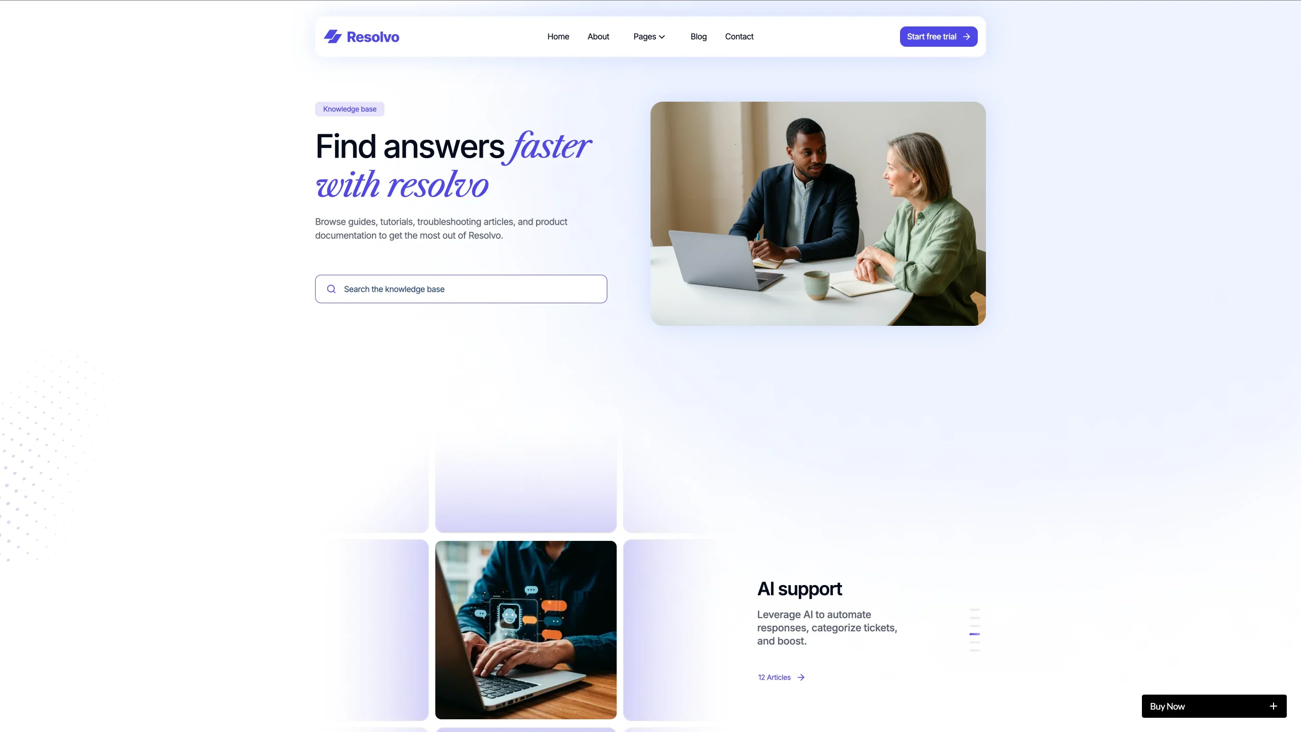 CSS Grid Layouts - TNCFlow Hero section: headline 'Find answers faster with Resolvo' with two colleagues at a table beside a laptop on the right.