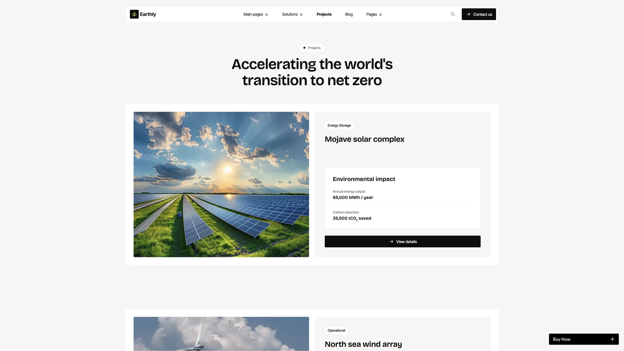 Featured Projects With Real Environmental Impact Data - TNCFlow Hero section with headline 'Accelerating the world's transition to net zero' and a two-column project showcase (solar farm image left, project cards right).