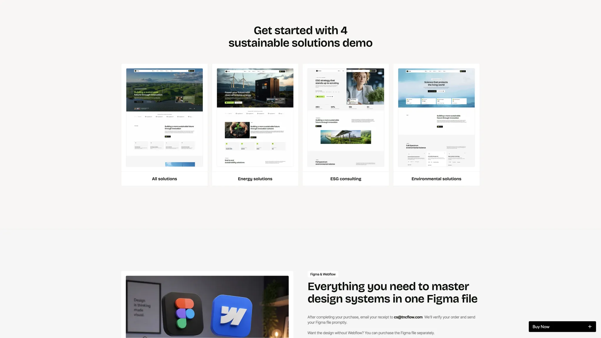 Four Complete Homepage Layouts - TNCFlow Hero header: four solution demo thumbnails titled All solutions, Energy solutions, ESG consulting, Environmental solutions while a bold headline reads 'Get started with 4 sustainable solutions demo'