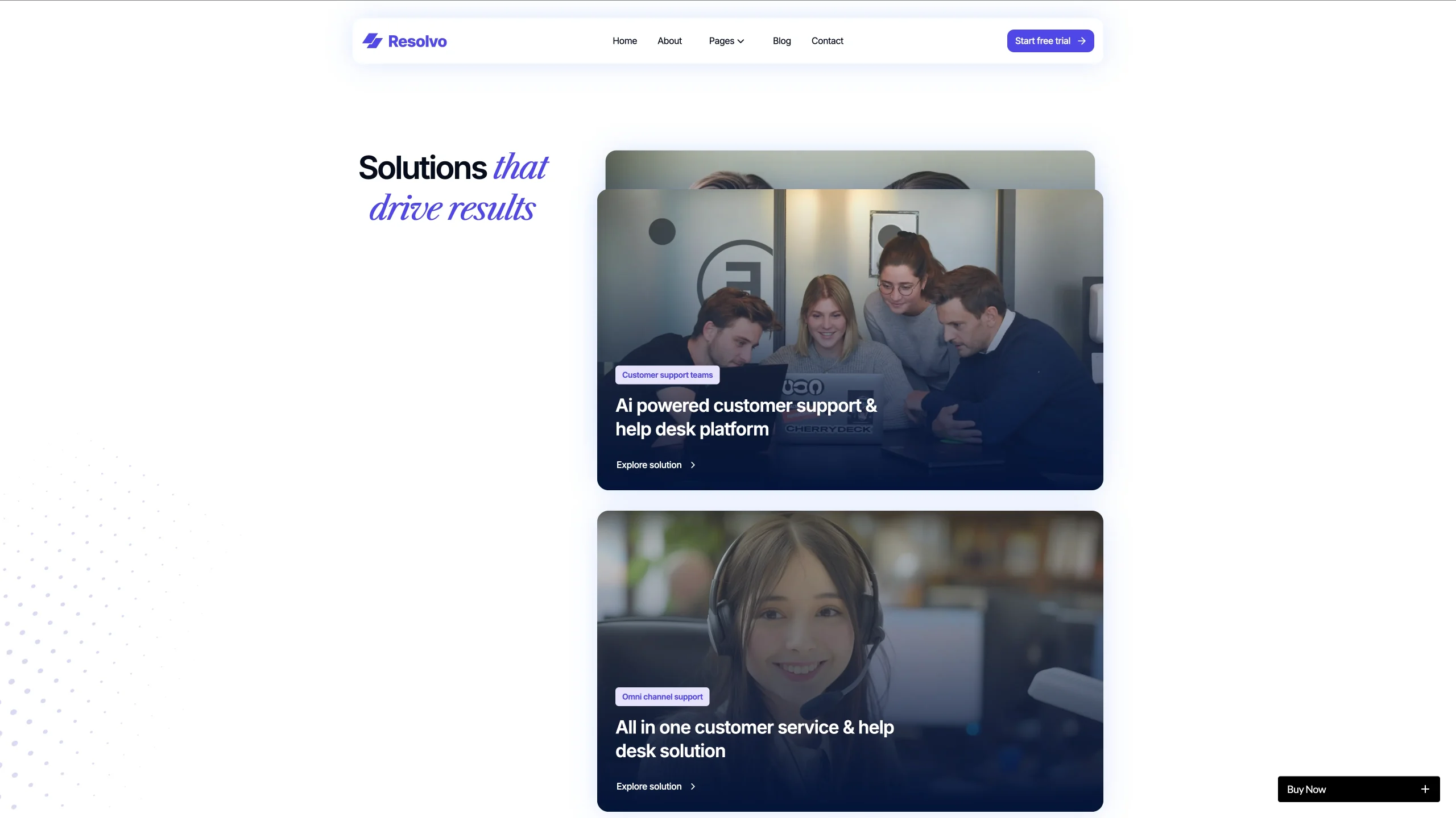 GSAP Animations and Interactions - TNCFlow Company hero: Resolvo logo with navigation and the headline 'Solutions that drive results' beside overlapping rounded-corner images of a team collaborating on support tasks.