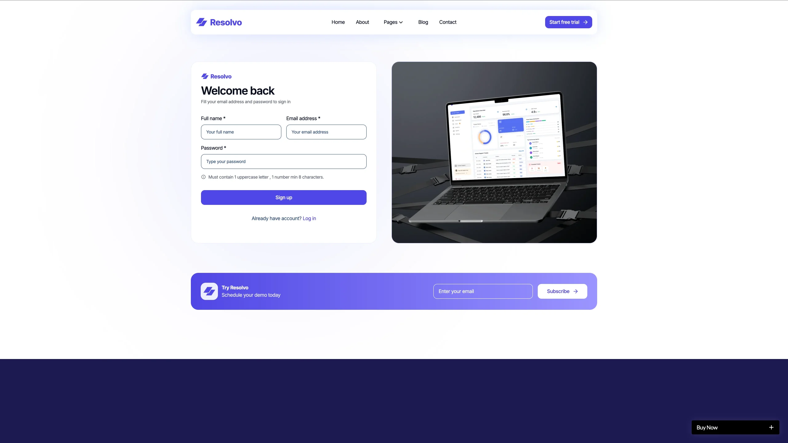 Lead Capture Forms - TNCFlow Left-aligned login form with 'Welcome back' header on a rounded white card, beside a laptop displaying a dashboard UI; header shows Resolvo logo and navigation.