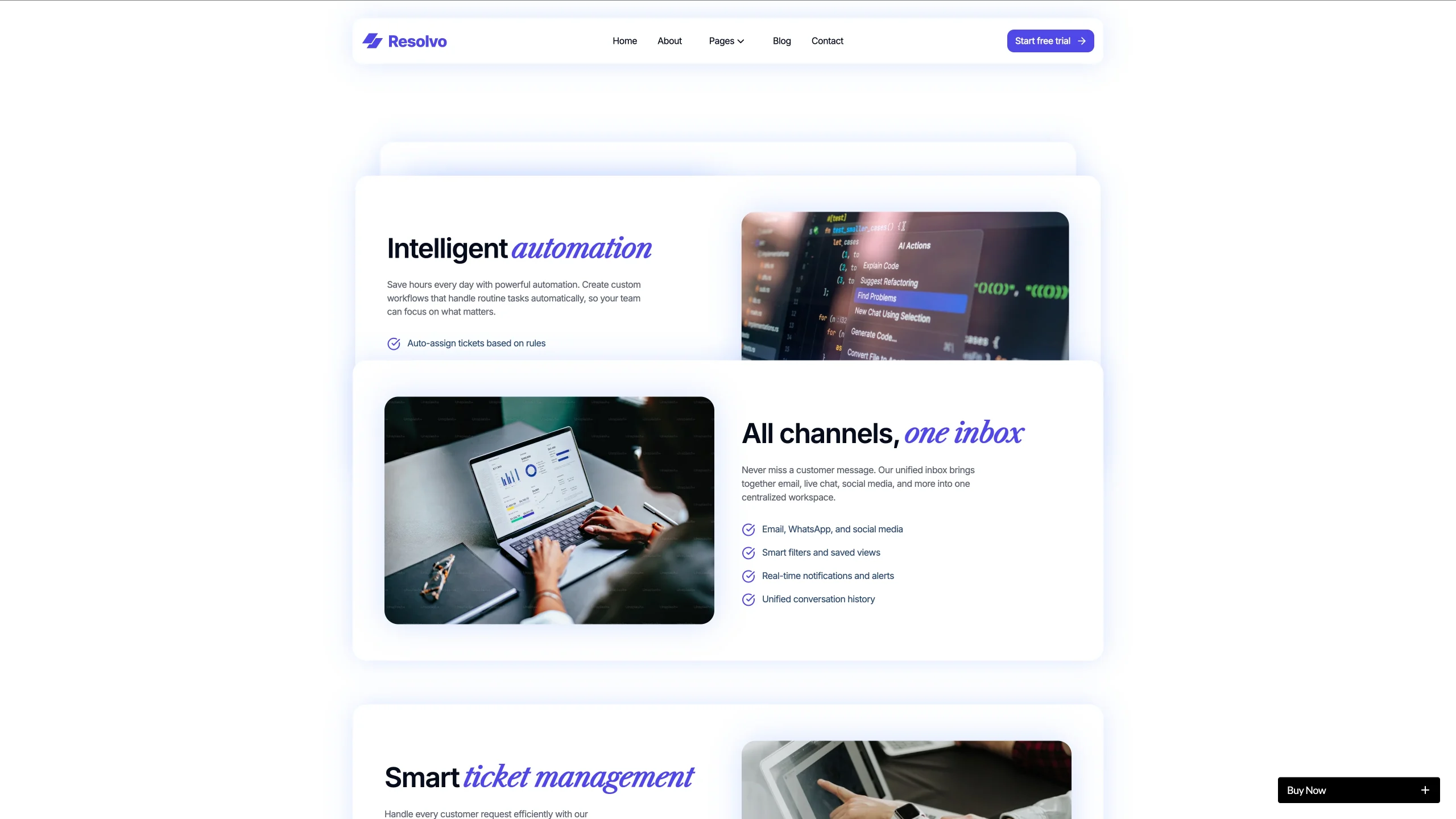 Product and Feature Showcase - TNCFlow Hero section of a tech product site showing the Resolvo logo and navigation, with 'Intelligent automation' and feature panels on rounded cards.