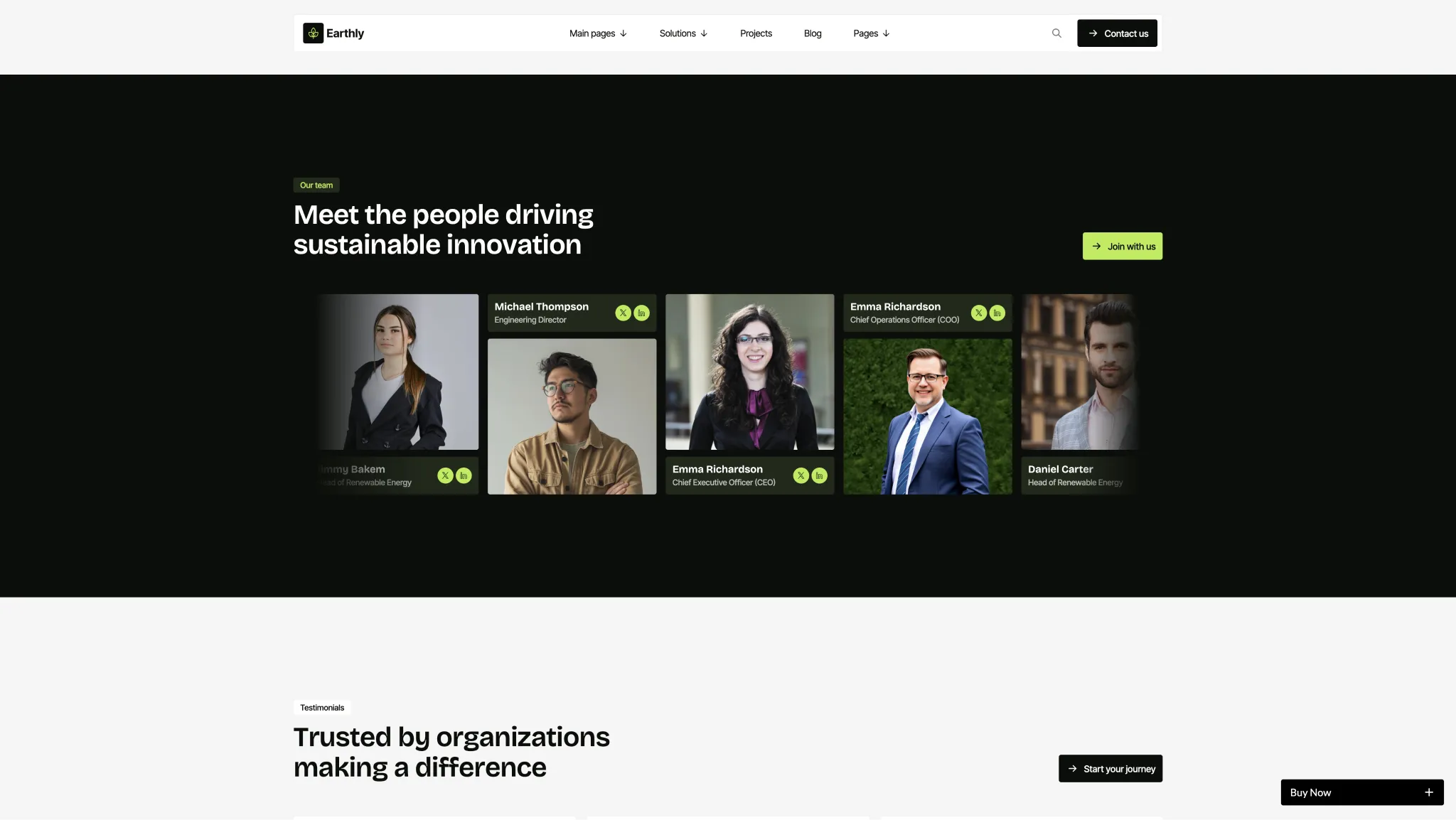 Purpose-Driven Sustainability Design - TNCFlow Five team member profile cards with photos and role titles on a dark hero background; includes names and green status icons nearby.