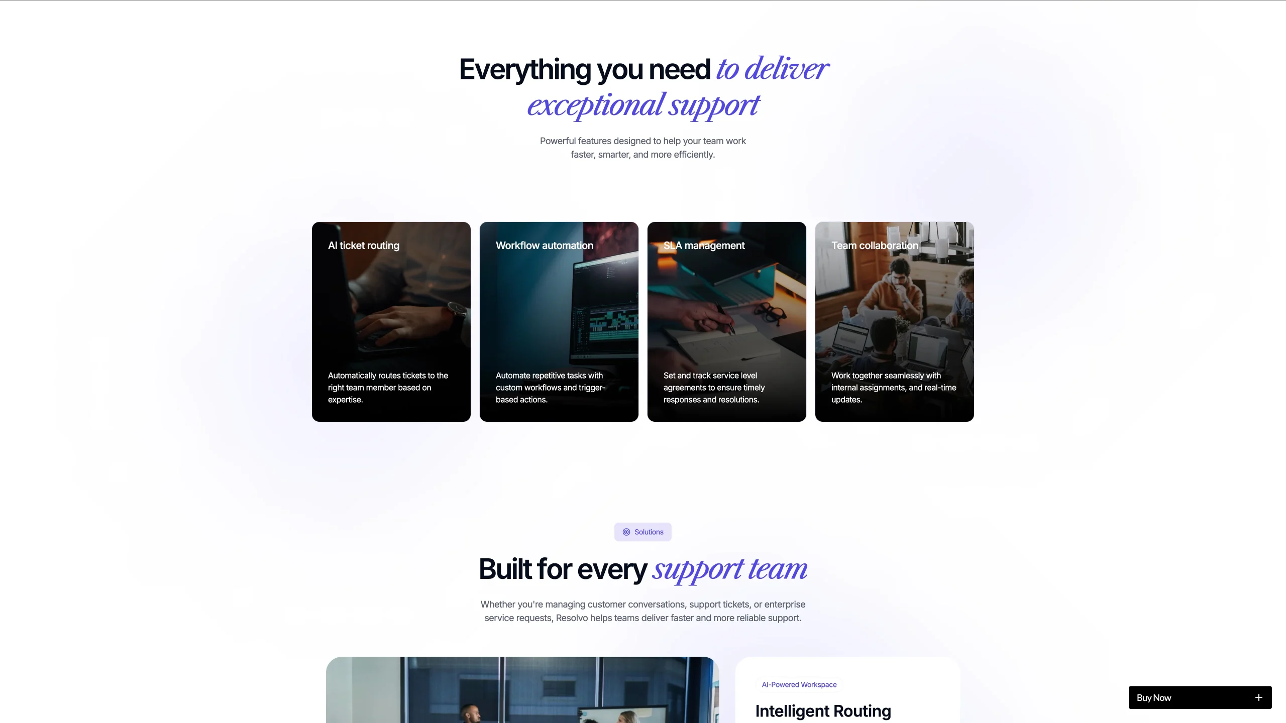 Support Focused SaaS Design - TNCFlow Hero section featuring four feature cards: AI ticket routing, Workflow automation, SLA management, and Team collaboration on a light gradient background.
