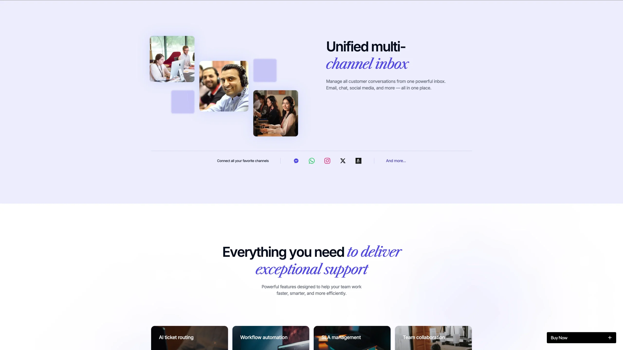 Trust Building Content Blocks - TNCFlow Hero banner illustrating a unified multi-channel inbox with three small photos of support agents on a pale purple background and soft lavender blocks, accompanied by the headline 'Unified multi-channel inbox'.