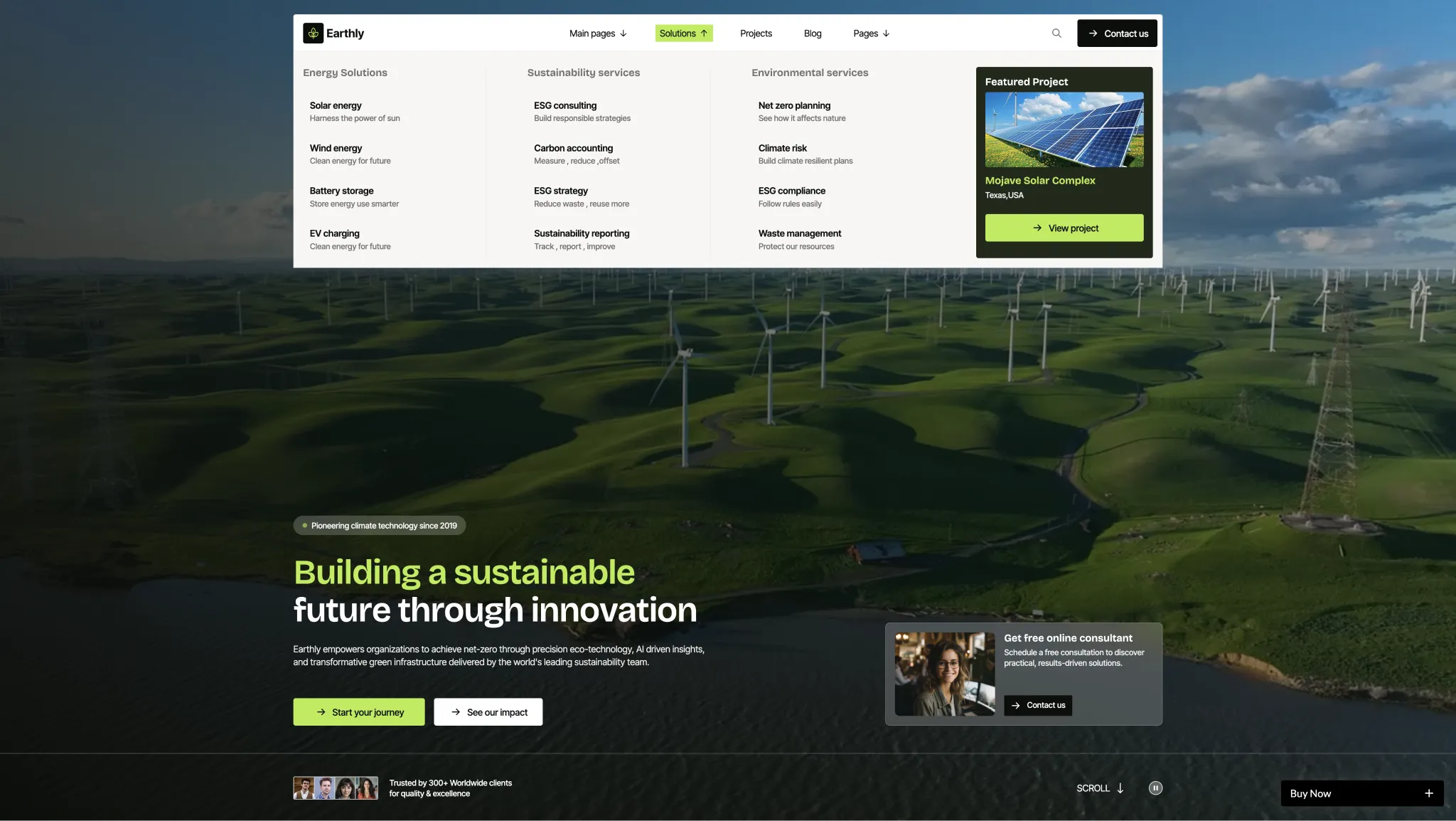 Twelve Individual CMS-Powered Solution Pages - TNCFlow Aerial view of a wind farm with many turbines on green rolling hills, overlaid by a white website header labeled Earthly and a green highlighted Solutions tab in the navigation bar, representing the hero section.