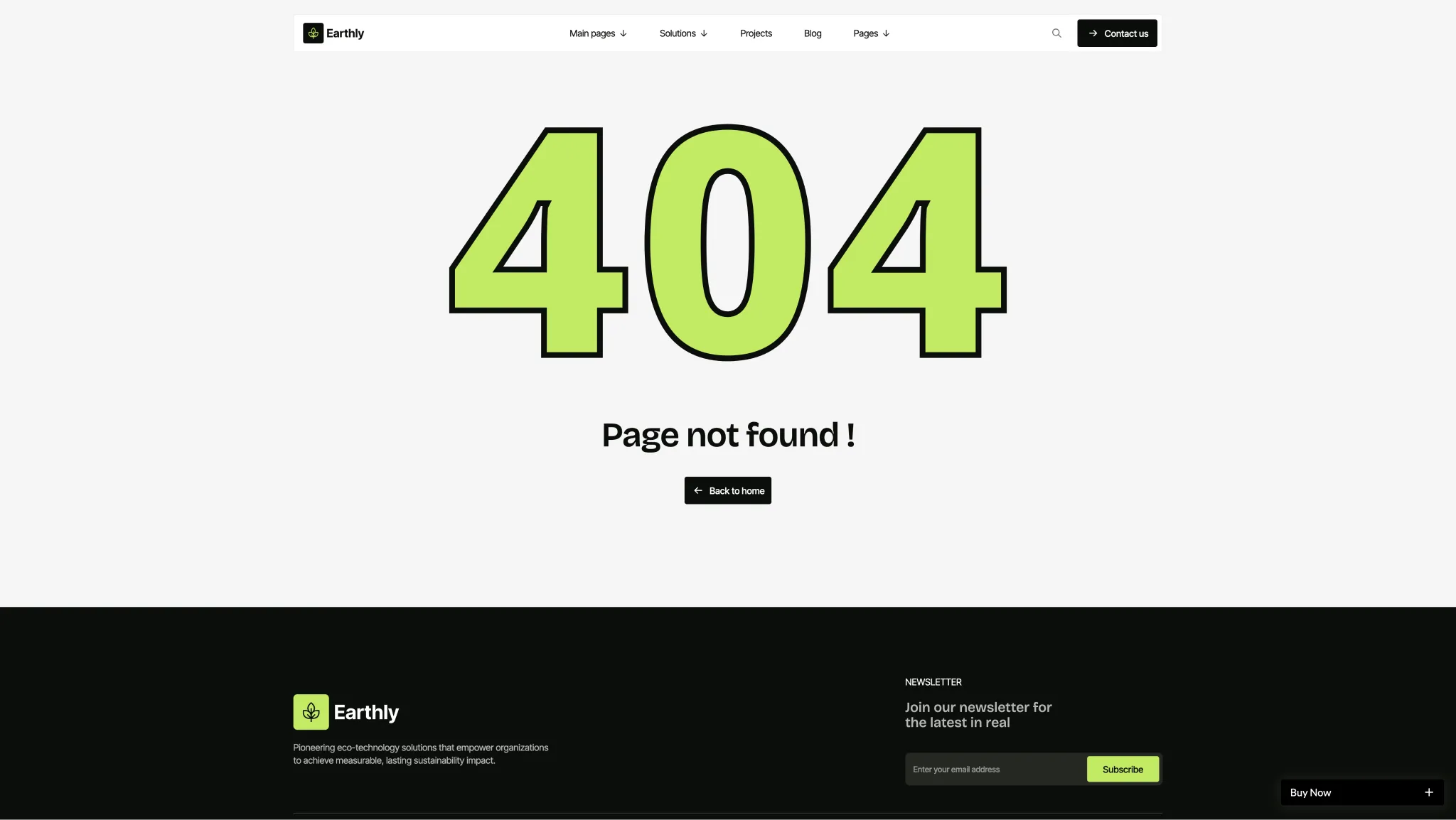 Utility Pages Included 2 - TNCFlow Earthly 404 page: large lime-green 404 with 'Page not found!' message and a 'Back to home' button