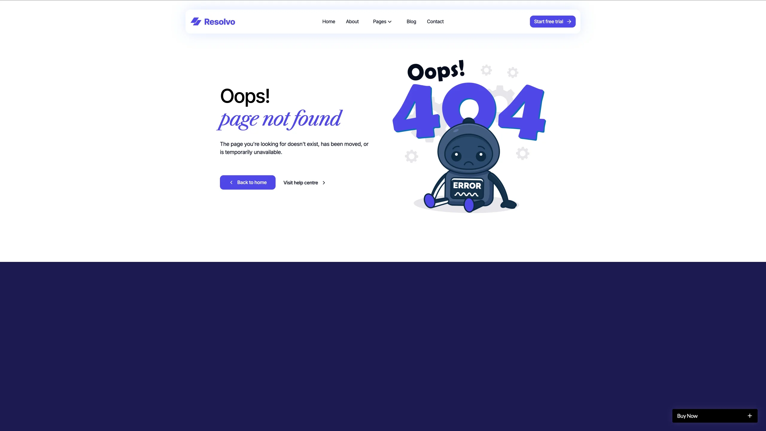 Utility Pages Included - TNCFlow 404 error page: 'Oops! page not found' message with a sad robot illustration; left side shows back to home and help centre links, header with Resolvo logo