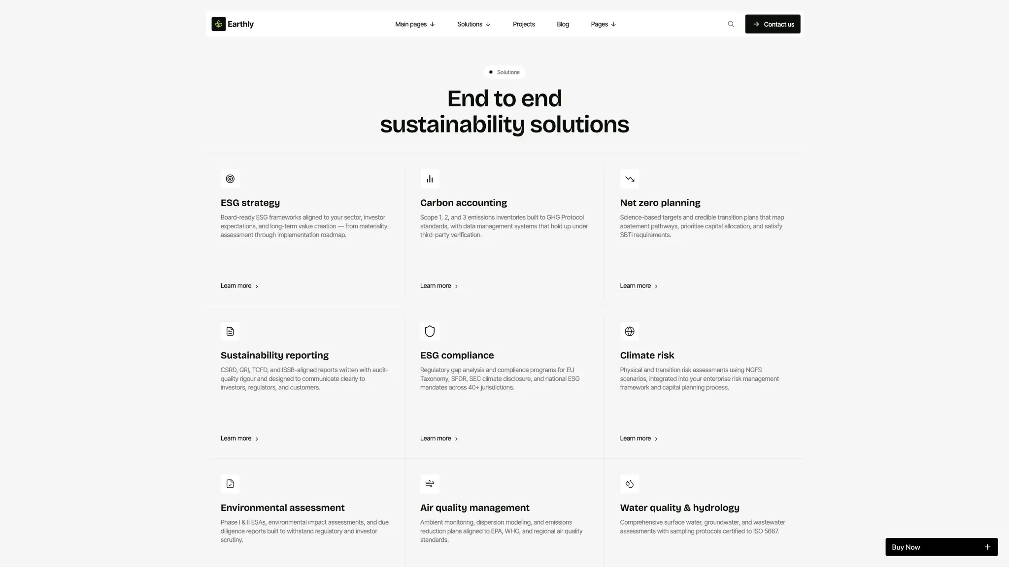 Variable-Powered Customization Across All Four Layouts - TNCFlow Hero section: headline 'End to end sustainability solutions' with service cards below (ESG strategy, Carbon accounting, Net zero planning) on a light-gray page.