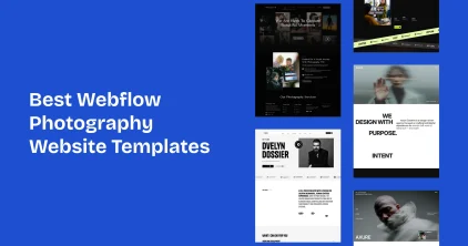 Blue banner with bold white text reading 'Best Webflow Photography Website Templates' and a column of gallery thumbnails on the right side, illustrating templates.