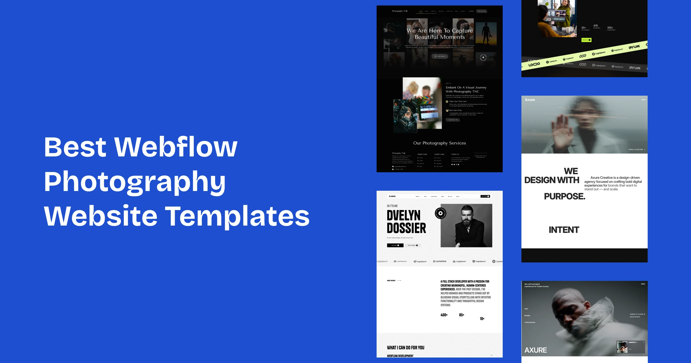 best-webflow-photography-website-templates Blue banner with bold white text reading 'Best Webflow Photography Website Templates' and a column of gallery thumbnails on the right side, illustrating templates.