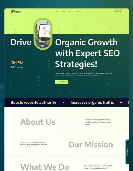 Hero banner for an SEO agency: lime header and dark teal section with the white headline 'Drive Organic Growth with Expert SEO Strategies!' and a circular image inset near the word 'Drive'.