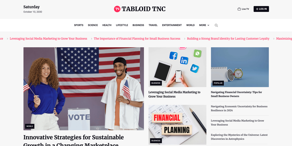CMS-Powered News Blog System - TNCFlow Two young adults stand in front of an American flag; the woman in blue holds a small flag while the man smiles beside a 'VOTE' sign.