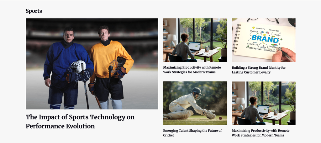 Category-Based Content Organization - TNCFlow Two hockey players in protective gear stand on an ice rink, one in blue and one in orange, under a blurred arena background, with the article title 'The Impact of Sports Technology on Performance Evolution' below it.