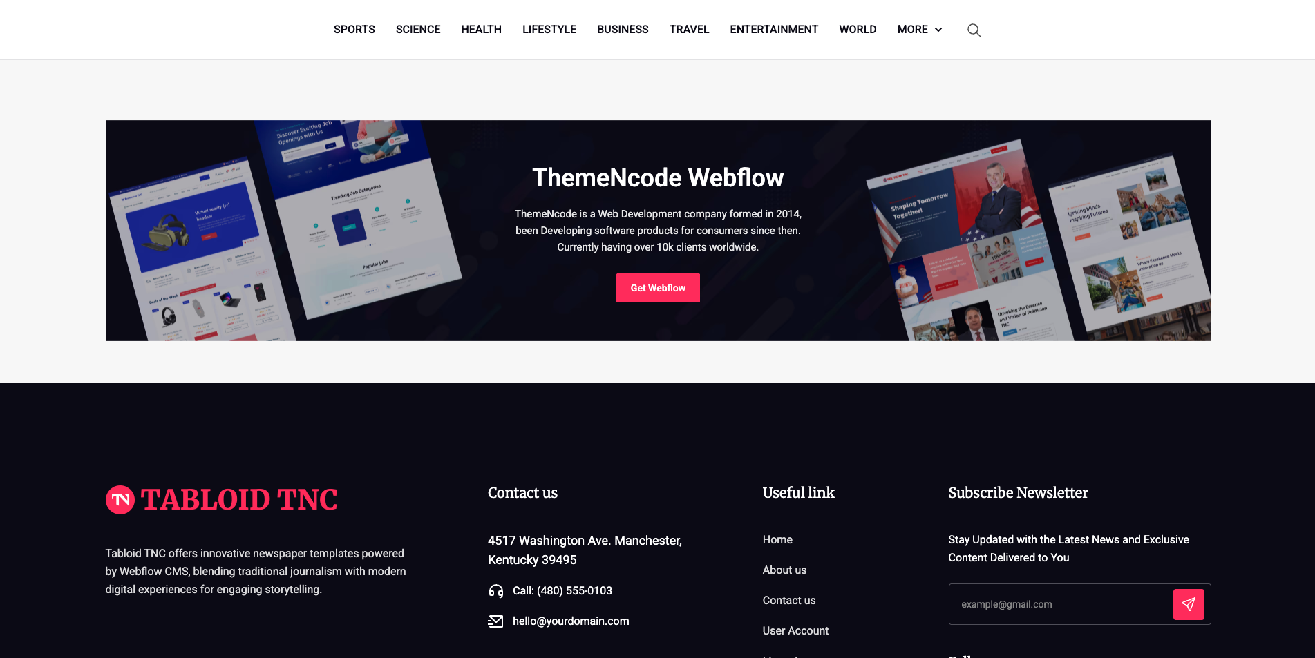 Newsletter Section - TNCFlow Hero banner for ThemeNode Webflow with dark gradient and rotating website previews; headline'ThemeNode Webflow' with a pink 'Get Webflow' button.
