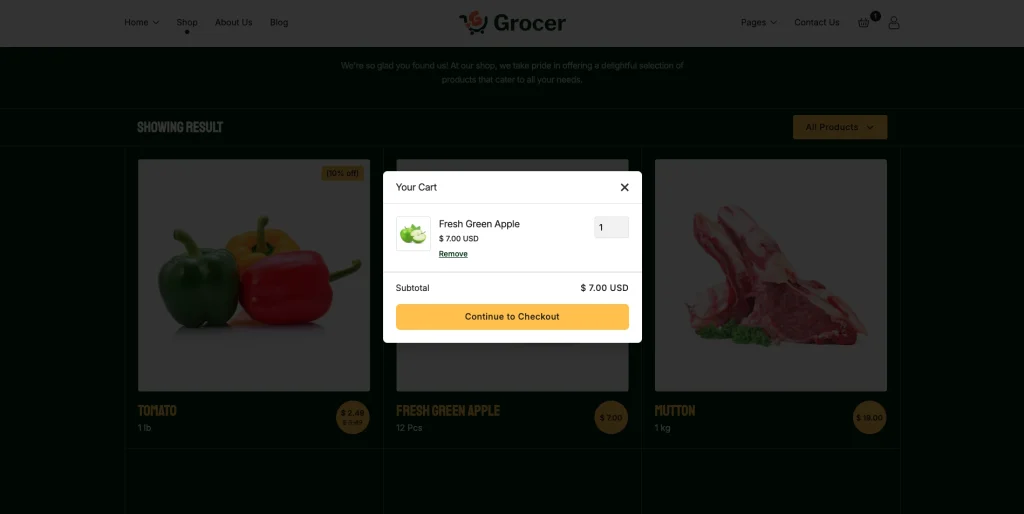 add_to_cart_buy_now - TNCFlow Cart modal showing one Fresh Green Apple for .00 with a Continue to Checkout button