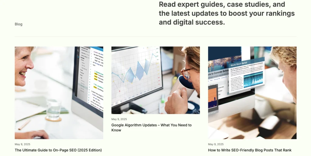 algorise_blog_and_educational_content - TNCFlow Blog homepage header with bold title about expert guides; a pale background and a row of three article thumbnails below.