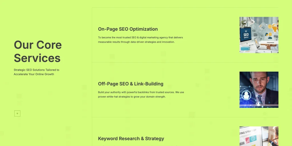 algorise_core_seo_services_showcase - TNCFlow Overview of a digital marketing agency's core services: On-Page and Off-Page SEO with visuals on a lime background.