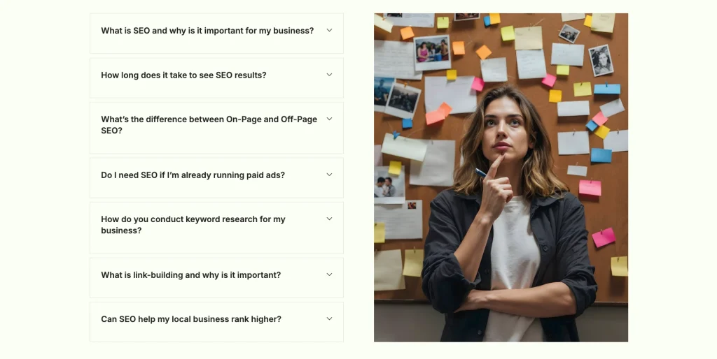 algorise_faq_page - TNCFlow Thinking woman with hand on chin in front of a corkboard covered in colorful sticky notes tied to brainstorming/planning idea generation