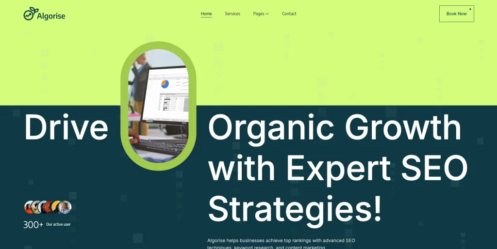 algorise_seo_focused_hero_section - TNCFlow Hero header promoting organic growth: large white text'Drive Organic Growth with Expert SEO Strategies' on a dark blue block, lime top area, and a green rounded frame around a computer monitor image in the center-left.