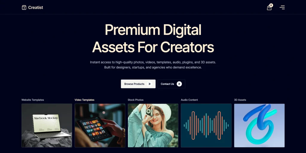 creatist_asset_category_showcases - TNCFlow Hero banner: dark navy background with large cream text 'Premium Digital Assets For Creators' and a subtitle about high-quality assets, plus 'Browse Products' and 'Contact Us' buttons.