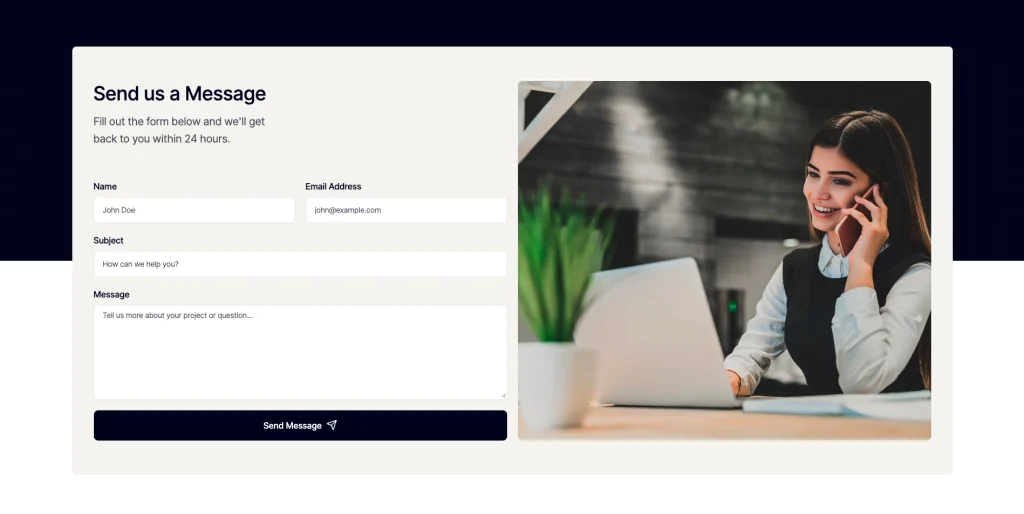 creatist_contact_form - TNCFlow Contact form section with left-side fields (Name, Email, Subject, Message) and a woman talking on a phone at a desk on the right.