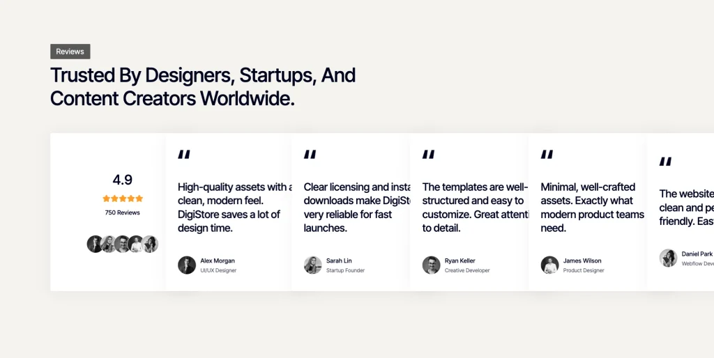 creatist_customer_reviews_section - TNCFlow Heading:'Trusted By Designers, Startups, And Content Creators Worldwide.' above a row of testimonial cards with quotes and user avatars.