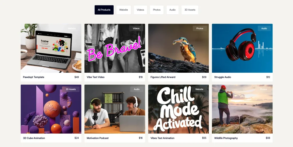 creatist_digital_product_catalog - TNCFlow Product grid of digital assets showing thumbnails with titles like Pawdot Template, Vibe Text Video, Figures Lifted Airward, Struggle Audio, 3D Cube Animation, Motivation Podcast and category labels at top (All Products, Website, Videos, Photos, Audio, 3D Assets).
